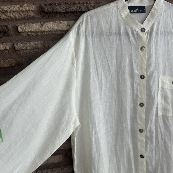 Carole Little Vintage Ivory Cream 100% Linen Band Collar Tunic Shirt MOP - Picture 9 of 11